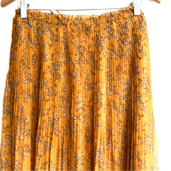 MANGO Mustard Floral Print Pleated Chiffon Tie & Elastic Waist Midi Skirt Sz M - Picture 8 of 13